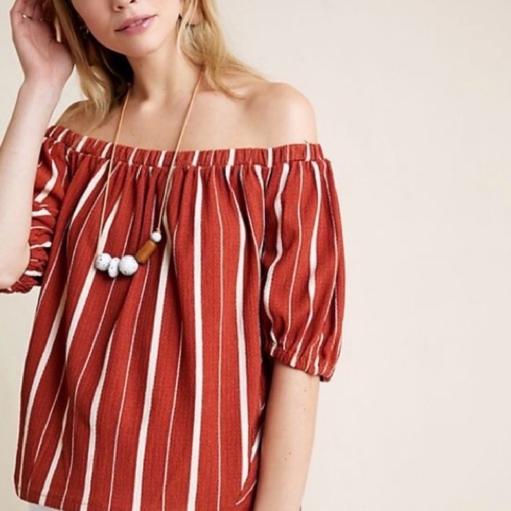 Anthropologie Rust and White Striped Off-Shoulder Top